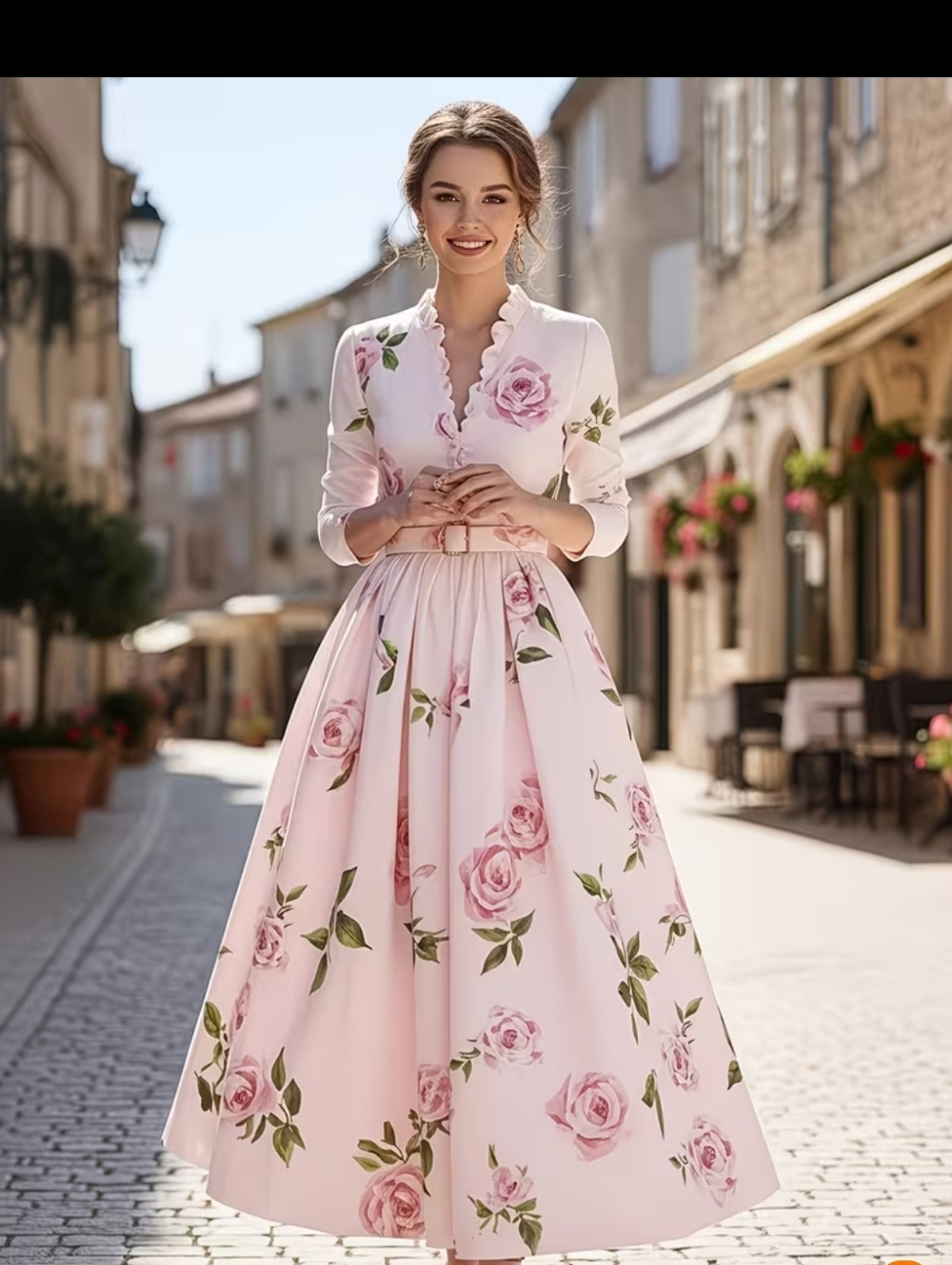 Pink Floral V-Neck Midi Dress with Belt